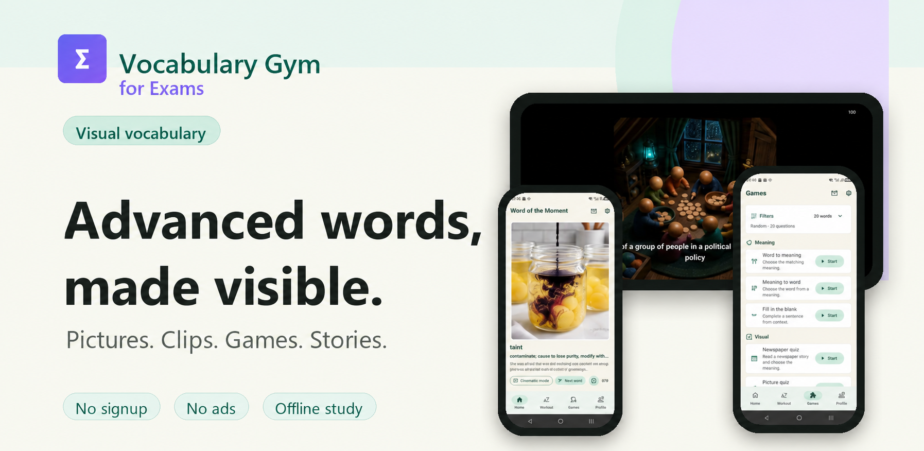 Vocabulary Gym for Exams screens showing visual word learning and games